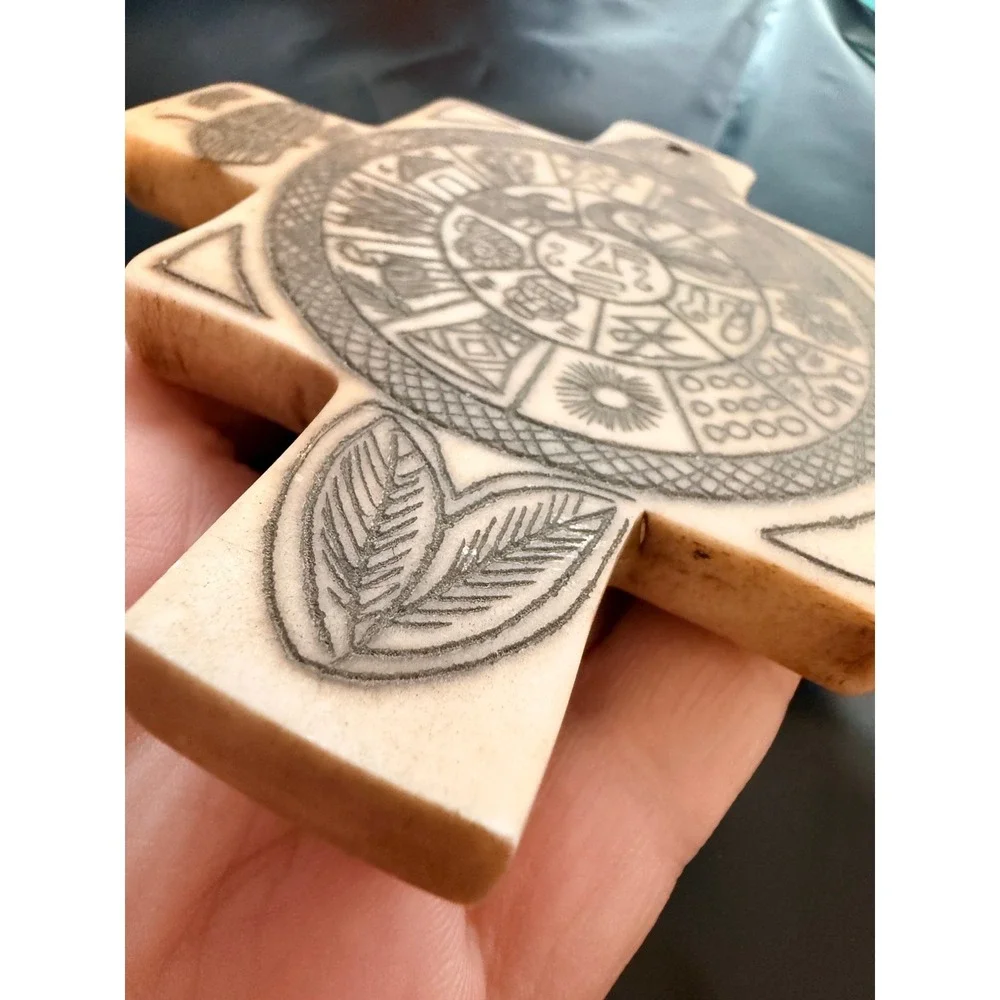 Vintage Peruvian Chakana Andean Cross Etched Stone Incan Wall Art Decor 4.5 Inch